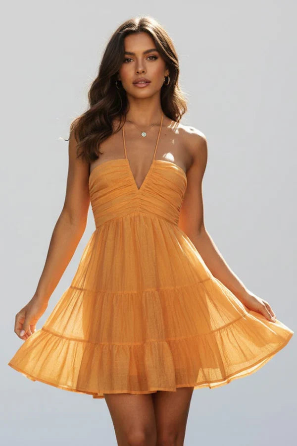 tiered pettiskirt, long-stitching details, spring/summer wear – Plush women's v-neck dress
