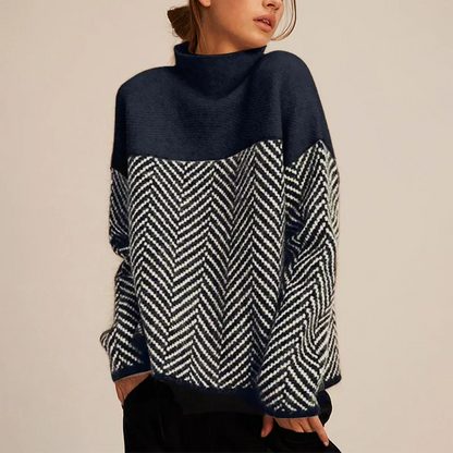 Women’s Warm Herringbone Knit Sweater - Stand Collar, Casual