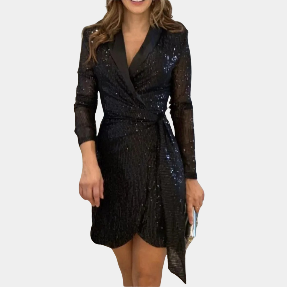 Elegant Black Blazer Dress with Belt and Glitter, Chic Summer Dress for Women, Plus Size Available-4