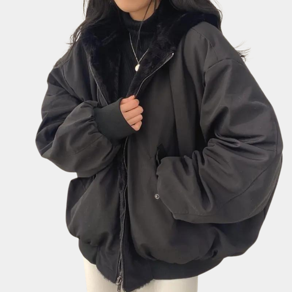 Women's Warm Oversized Jacket - Hooded Coat, Faux Fur