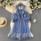 Elegant Floral Midi Dress for Women with Lantern Sleeves and Upright Collar - Perfect for Summer Parties and Special Occasions-2