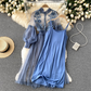 Elegant Floral Midi Dress for Women with Lantern Sleeves and Upright Collar - Perfect for Summer Parties and Special Occasions-3