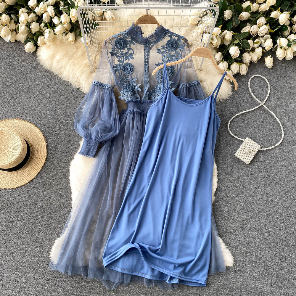 Elegant Floral Midi Dress for Women with Lantern Sleeves and Upright Collar - Perfect for Summer Parties and Special Occasions-3