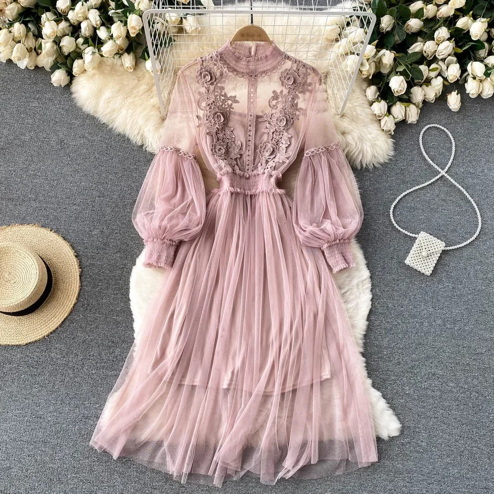 Variant image for Elegant Floral Midi Dress for Women with Lantern Sleeves and Upright Collar - Perfect for Summer Parties and Special Occasions-21
