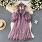 Elegant Floral Midi Dress for Women with Lantern Sleeves and Upright Collar - Perfect for Summer Parties and Special Occasions-1