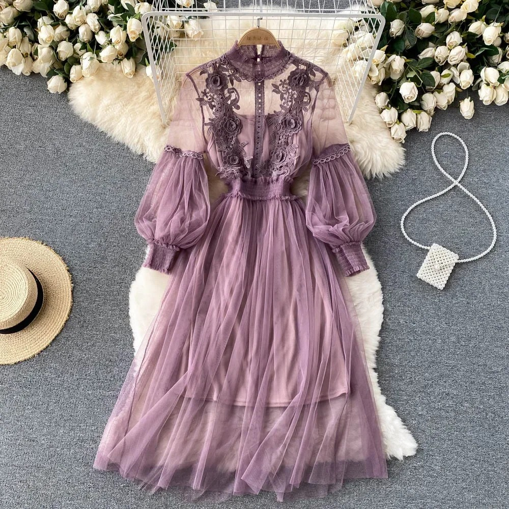 Variant image for Elegant Floral Midi Dress for Women with Lantern Sleeves and Upright Collar - Perfect for Summer Parties and Special Occasions-1