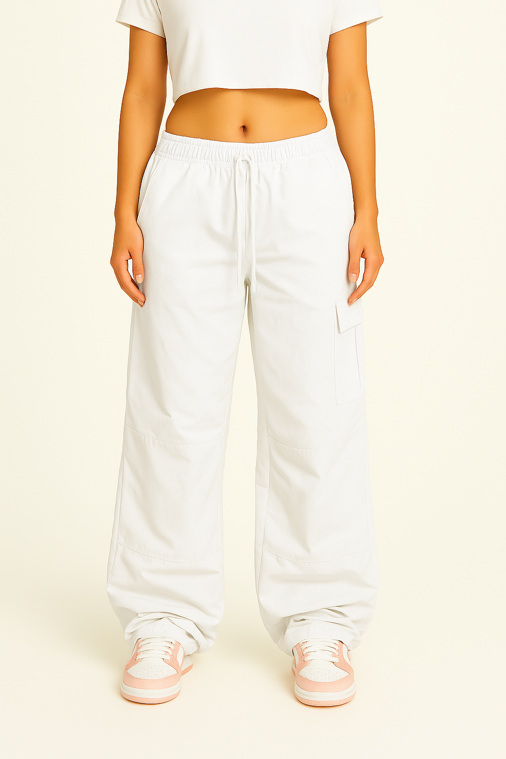 White Cargo Pants for Women with Adjustable Waistband and Functional Pockets, Modern Utilitarian Style-3