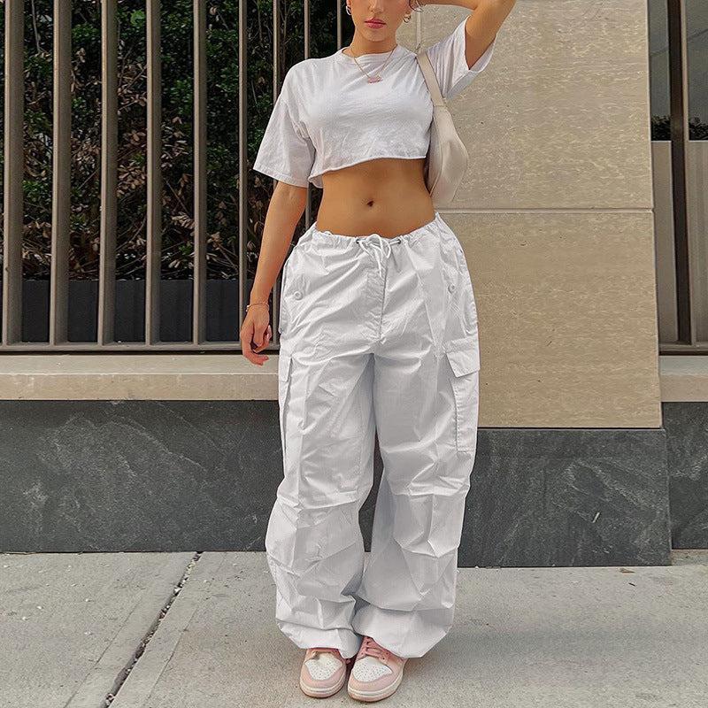White Cargo Pants for Women with Adjustable Waistband and Functional Pockets, Modern Utilitarian Style-4