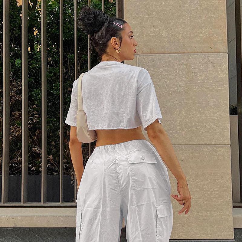 White Cargo Pants for Women with Adjustable Waistband and Functional Pockets, Modern Utilitarian Style-5
