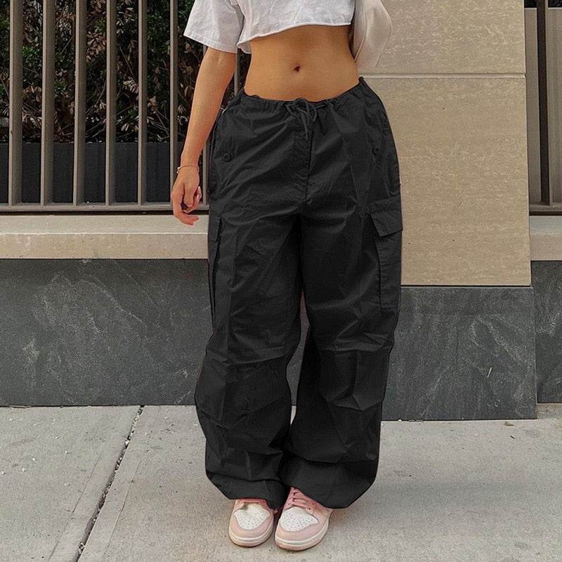 Variant image for Black Cargo Pants for Women with Adjustable Waist, Multiple Pockets, and Relaxed Fit for Versatile Styling-1