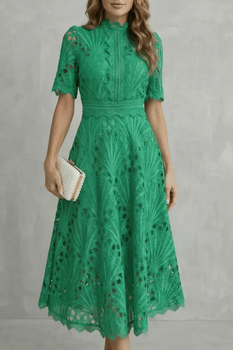 Plush Women's Dress - Lace, Cinched Waist, Short Sleeves, Timeless A-Line Silhouette, 100% Polyester, For Occasions