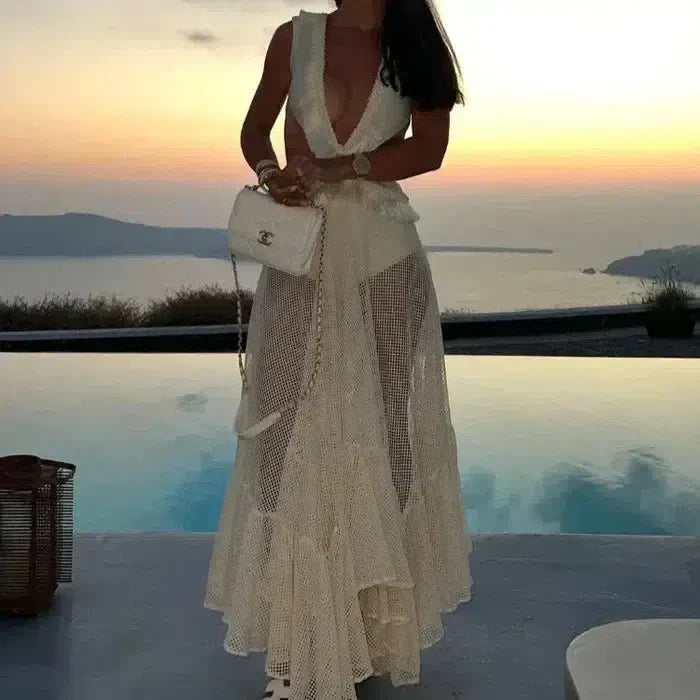 Off-White Chiffon Maxi Dress for Women with Open Back and Embellished Star Detail, Elegant Long Dress for Formal Occasions-4