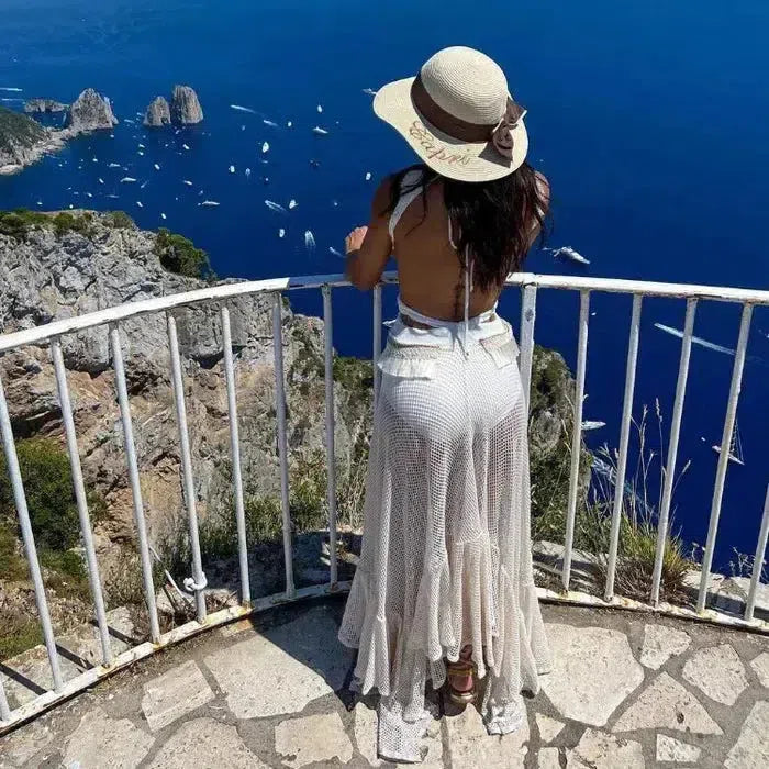 Off-White Chiffon Maxi Dress for Women with Open Back and Embellished Star Detail, Elegant Long Dress for Formal Occasions-5