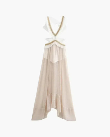 Variant image for Off-White Chiffon Maxi Dress for Women with Open Back and Embellished Star Detail, Elegant Long Dress for Formal Occasions-1