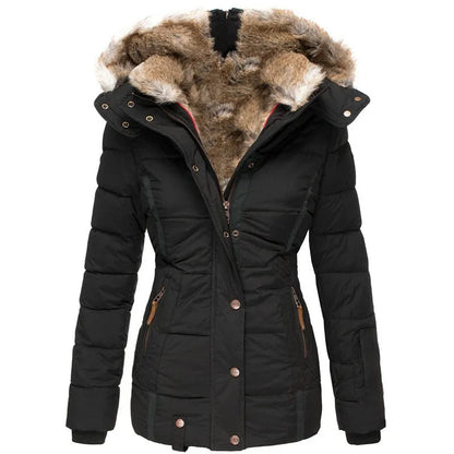 Women’s Warm Winter Coat - Quilted Midlength, Faux Fur Hood