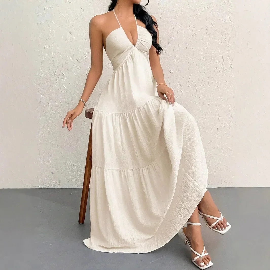 Elegant Backless V-Neck A-Line Dress for Women, Pleated Ankle-Length Summer Wedding Guest Dress 1