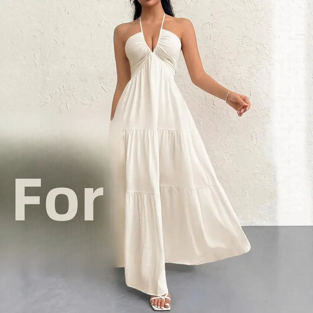 Elegant Backless V-Neck A-Line Dress for Women, Pleated Ankle-Length Summer Wedding Guest Dress 2