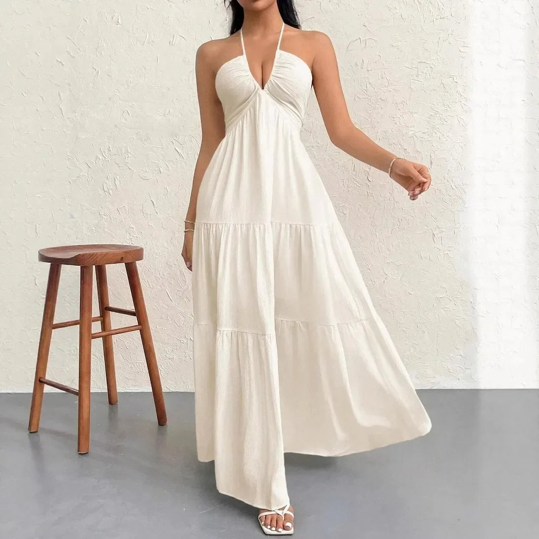 Elegant Backless V-Neck A-Line Dress for Women, Pleated Ankle-Length Summer Wedding Guest Dress 4
