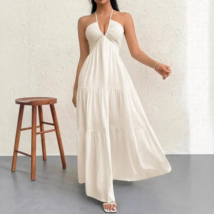 Elegant Backless V-Neck A-Line Dress for Women, Pleated Ankle-Length Summer Wedding Guest Dress 4