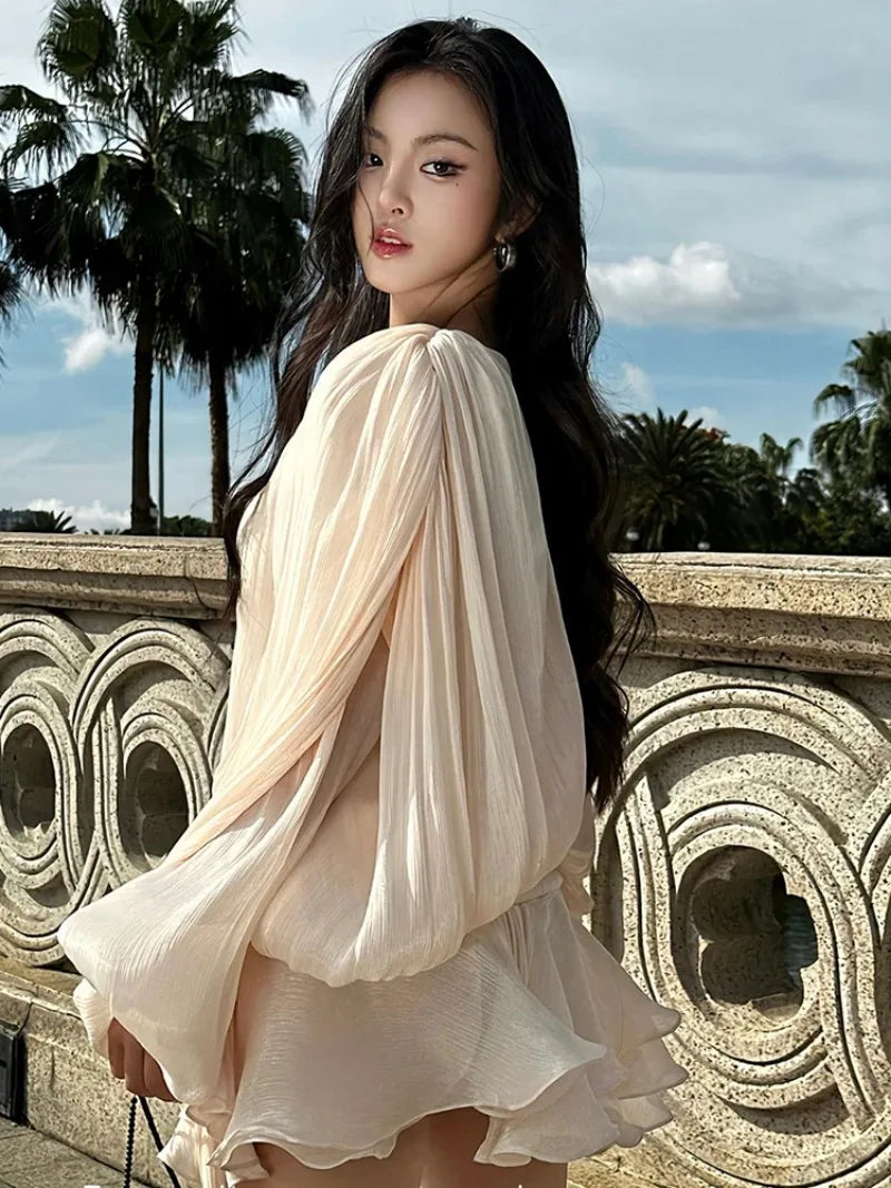 Elegant Women's Dress with Ruched Design, Lantern Sleeves, and High Waist for Summer Events 5
