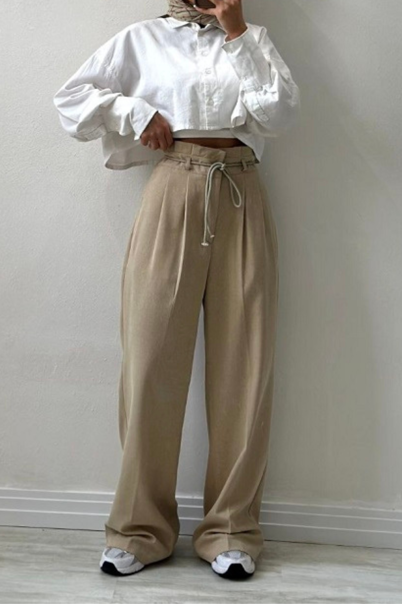 Variant image for High-Waisted Pleated Trousers for Women with Drawstring Waist, Cotton Blend, Regular Fit, Versatile Casual or Dressy Style-6