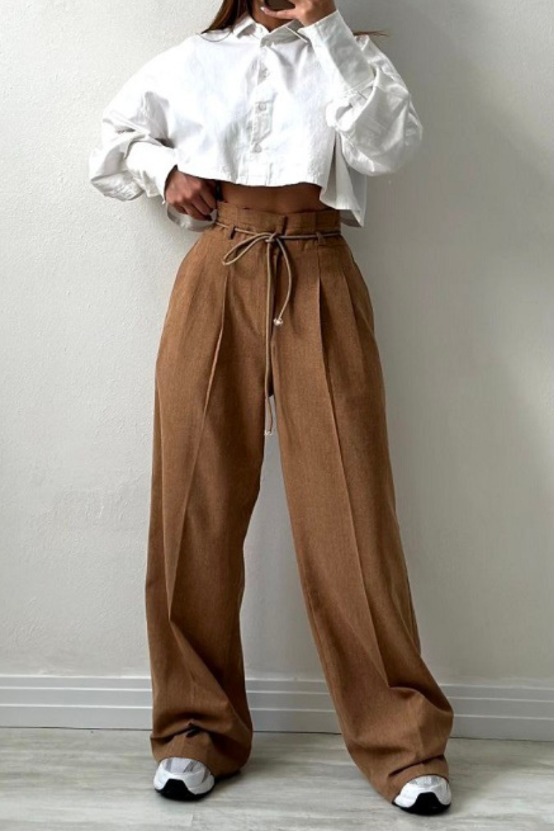 Variant image for High-Waisted Pleated Trousers for Women with Drawstring Waist, Cotton Blend, Regular Fit, Versatile Casual or Dressy Style-11