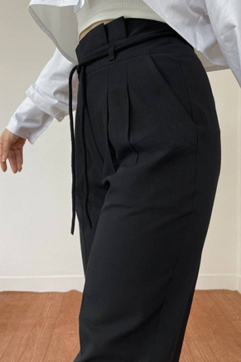 Variant image for High-Waisted Pleated Trousers for Women with Drawstring Waist, Cotton Blend, Regular Fit, Versatile Casual or Dressy Style-16