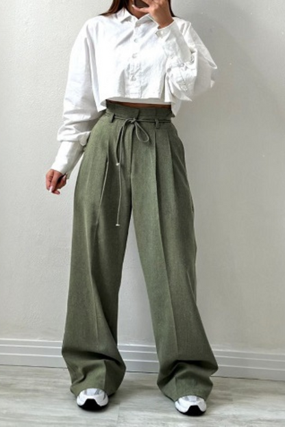 Variant image for High-Waisted Pleated Trousers for Women with Drawstring Waist, Cotton Blend, Regular Fit, Versatile Casual or Dressy Style-1