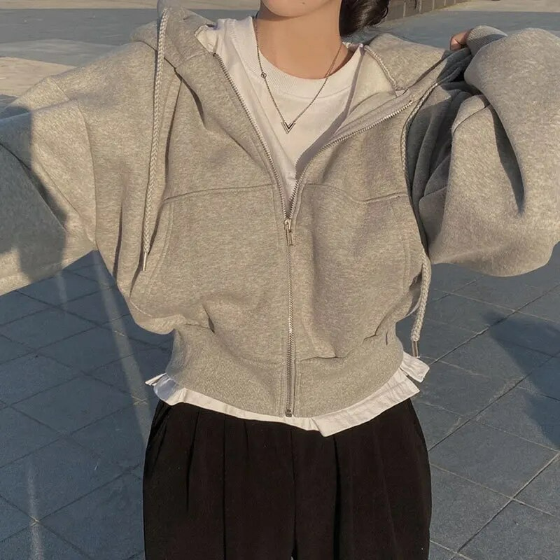 Cozy Oversized Women Zip Hoodie - Relaxed Cropped Cotton