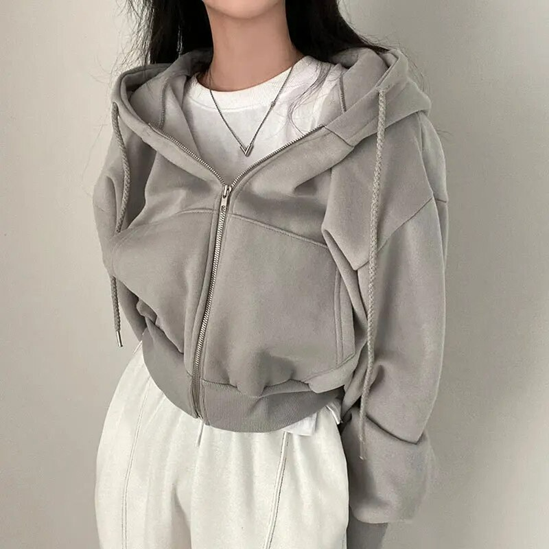 Cozy Oversized Women Zip Hoodie - Relaxed Cropped Cotton