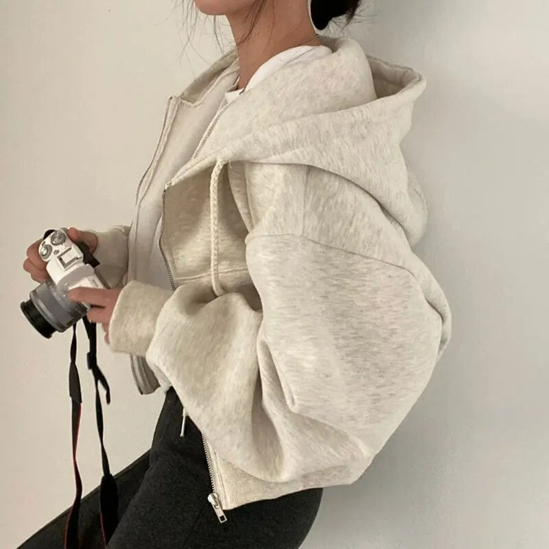 Cozy Oversized Women Zip Hoodie - Relaxed Cropped Cotton