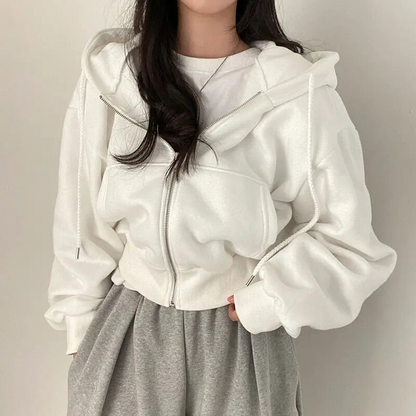 Cozy Oversized Women Zip Hoodie - Relaxed Cropped Cotton