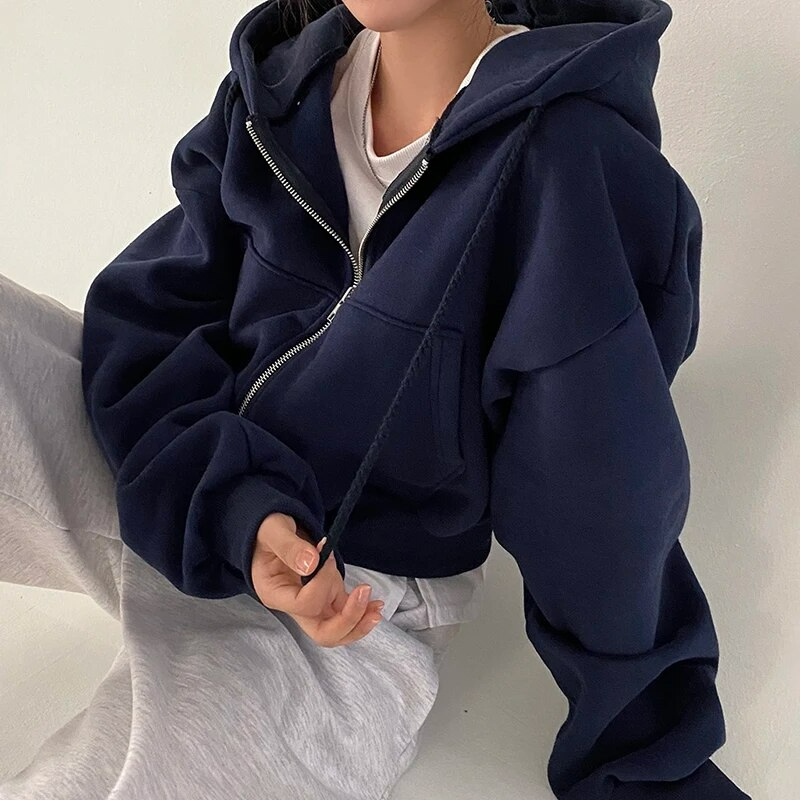 Cozy Oversized Women Zip Hoodie - Relaxed Cropped Cotton