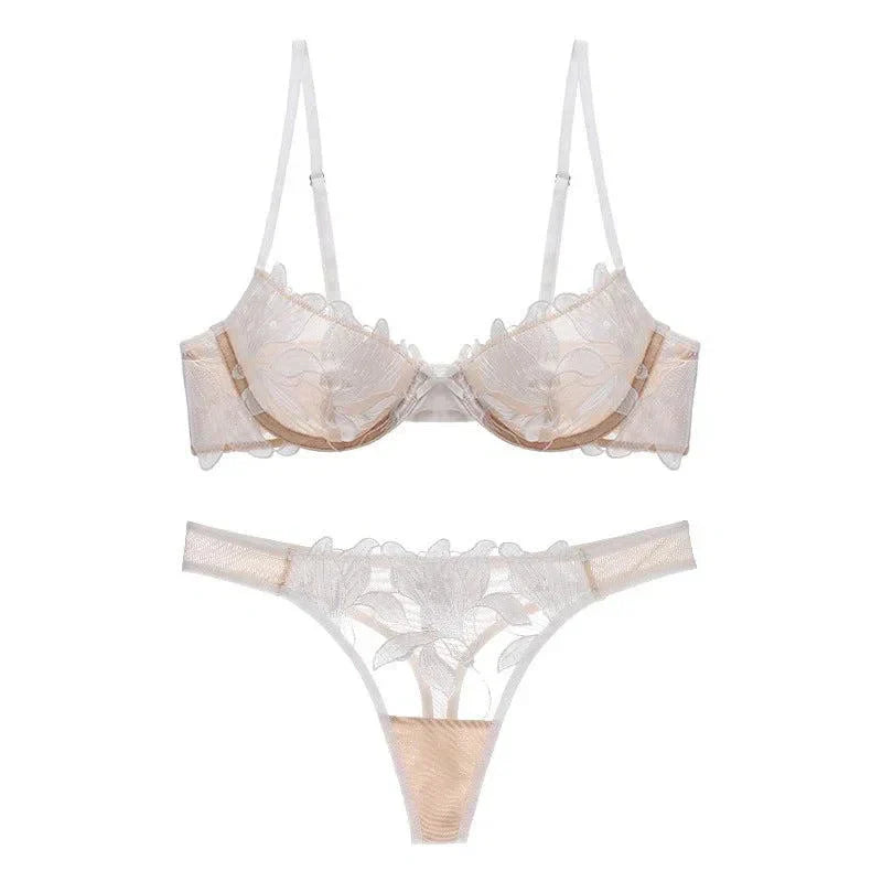 Florisse Mesh Lingerie Set with Floral Embroidery, Underwire Bra and Matching Thong, Sheer Black or Beige Sexy Lingerie Sets-3