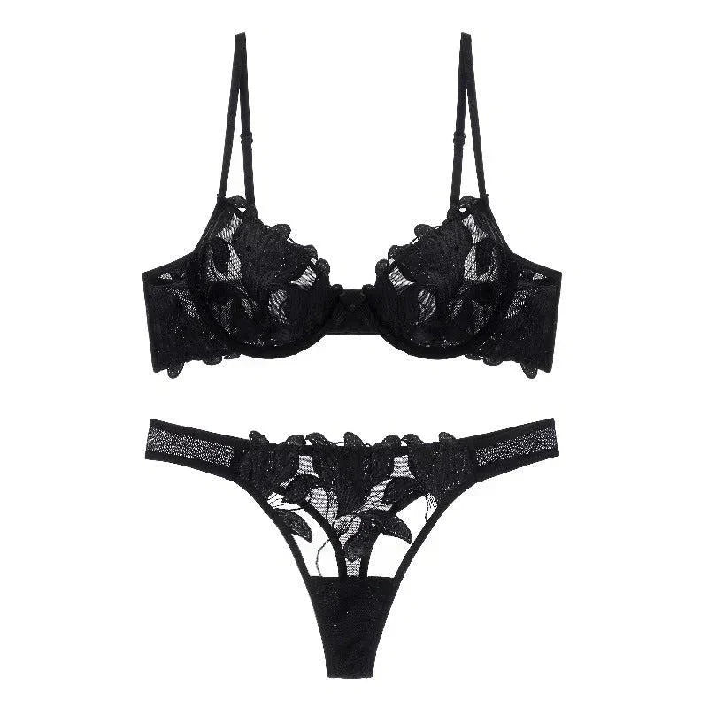 Florisse Mesh Lingerie Set with Floral Embroidery, Underwire Bra and Matching Thong, Sheer Black or Beige Sexy Lingerie Sets-1