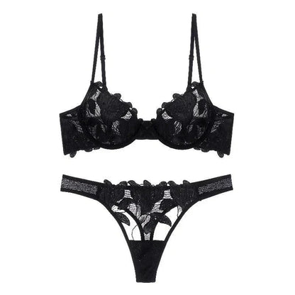 Variant image for Florisse Mesh Lingerie Set with Floral Embroidery, Underwire Bra and Matching Thong, Sheer Black or Beige Sexy Lingerie Sets-1