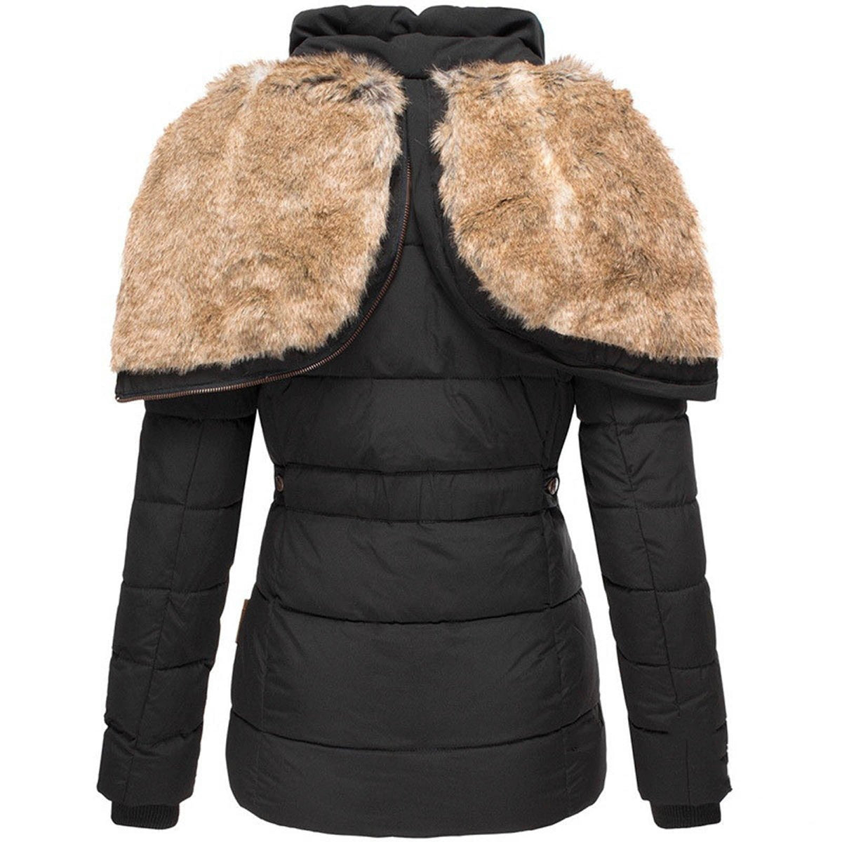 Women’s Warm Winter Coat - Quilted Midlength, Faux Fur Hood