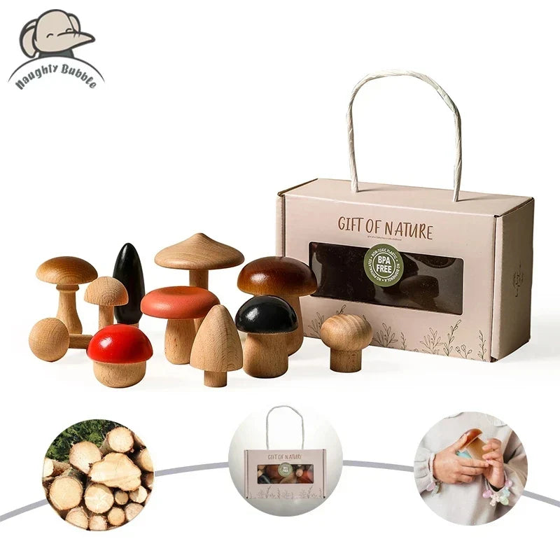 Wooden Toys Montessori Mushroom Blocks Kit Kids Educational Grasping Matching Toy Back To School 2025 Eco Friendly