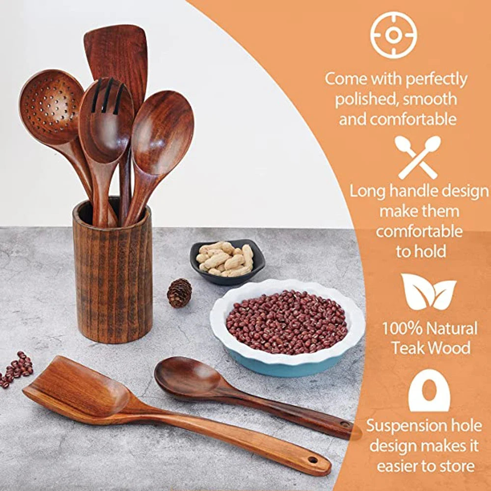 Eco-Friendly Cooking Spoons Non-Stick Safe 2026 – Organic Teak Wooden Kitchen Utensil Kit