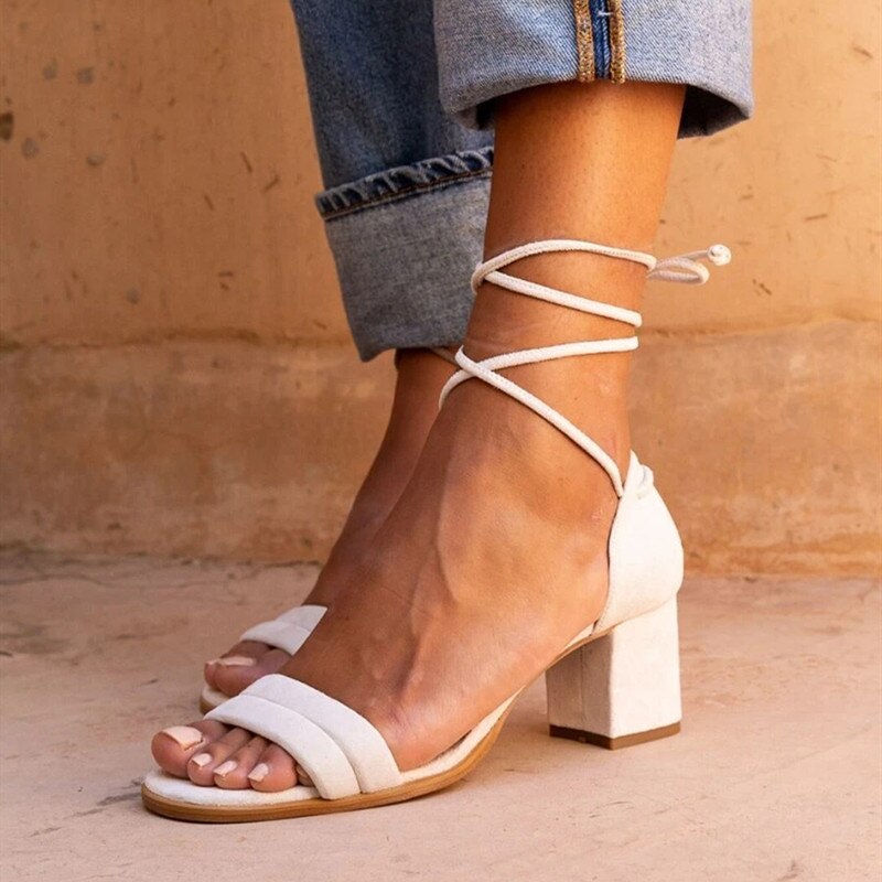 Comfortable Women's Sandals, Block Heel Design with Transparent Toe Band and Lacing in Nude Artificial Leather-3