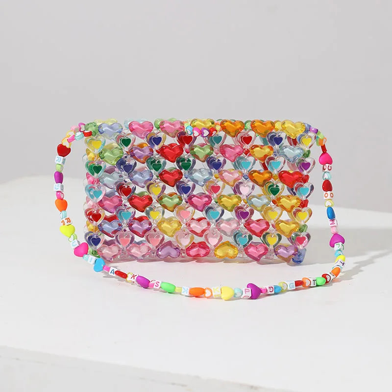Bag Beaded Heart Bead Mini Shoulder Bag Handwoven Jelly Colorful Purse Summer 2025 Trendy Gift Accessory