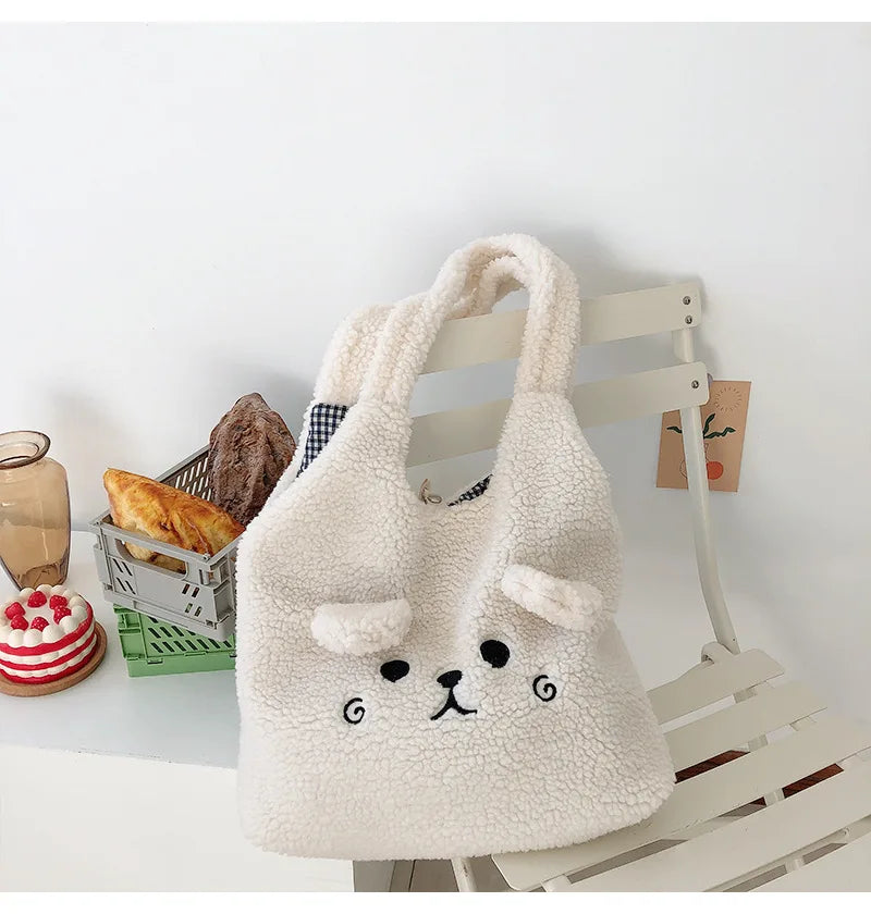 Tote Bag Plush Cartoon Embroidery Shoulder Bag Winter 2025 Cozy Faux Lamb Hair Shopper Gift
