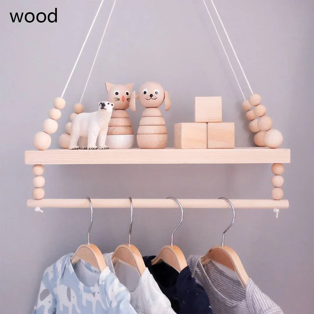 Wooden Wall Shelf With Clothes Rack Scandinavian Hanging Shelf Kids Room Fall 2025 Rope Storage Organizer