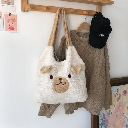 Tote Bag Plush Cartoon Embroidery Shoulder Bag Winter 2025 Cozy Faux Lamb Hair Shopper Gift