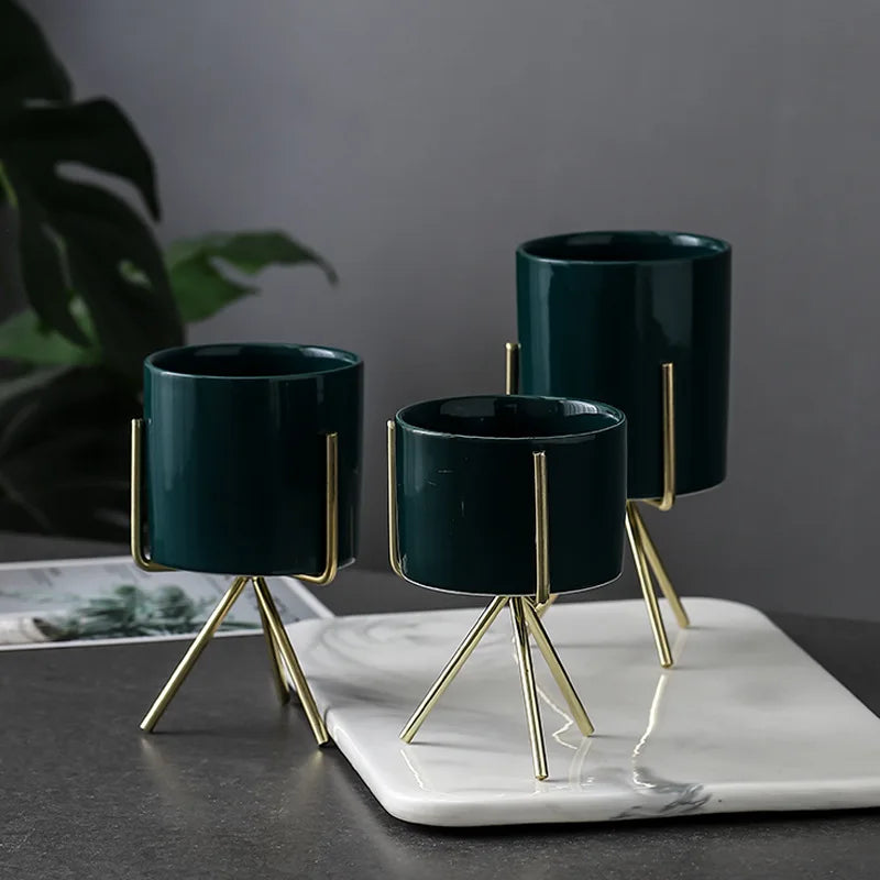 Ceramic Planters Kit Of 3 With Gold Iron Stand Contemporary Desktop Succulent Planters Fall 2025 Trendy Gift