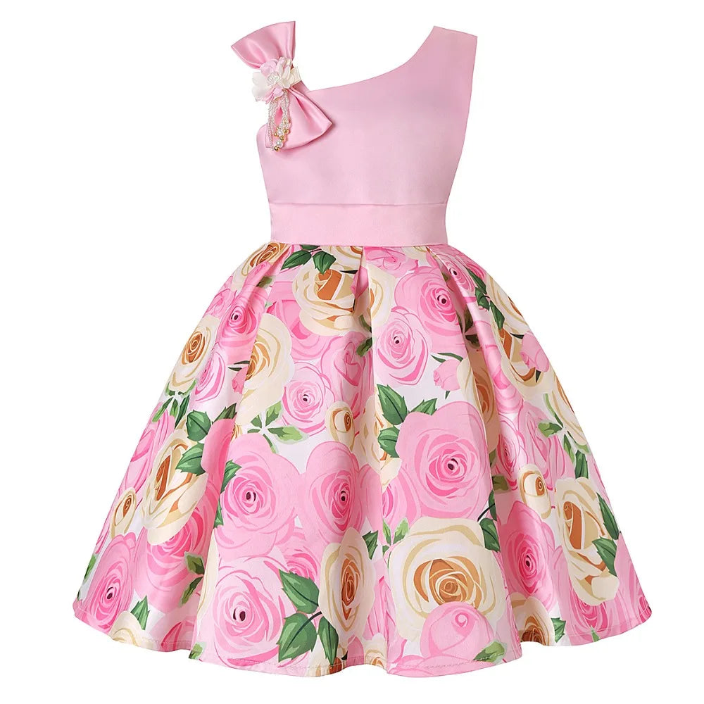 Plush girls' dress - one-shoulder knee-length floral, polyester, for party or wedding