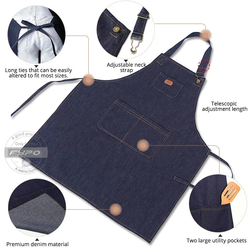Denim Apron Flexible Neck Bib Apron Sturdy Barista Kitchen Apron Fall 2025 Hygienic Workwear With Pockets