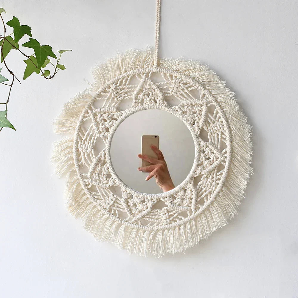 Macrame Mirror Kit Cotton Fringe Boho Wall Hanging Mirrors Fall 2025 Cozy Nursery Household Decor Gift