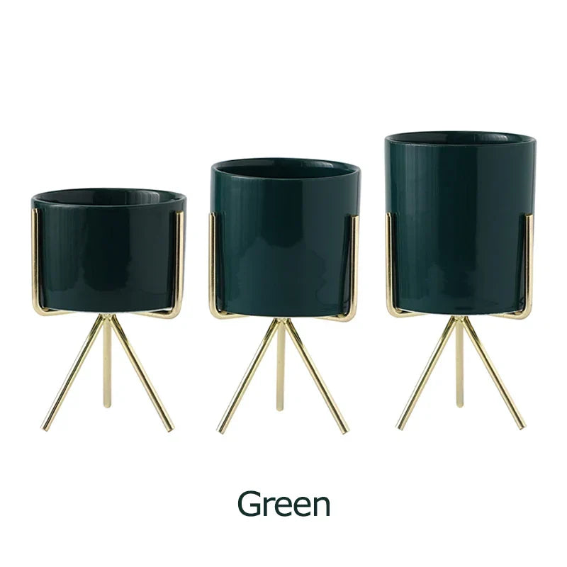 Ceramic Planters Kit Of 3 With Gold Iron Stand Contemporary Desktop Succulent Planters Fall 2025 Trendy Gift