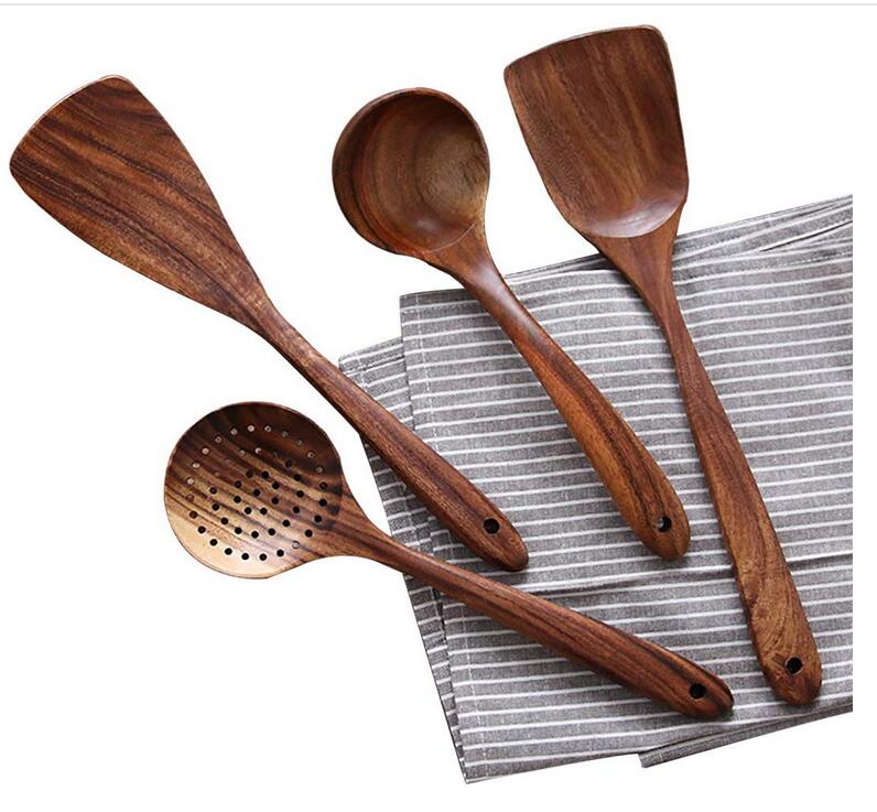 Top-Grade Non-Scratch Kitchen Tools, Handcrafted Teak for Long-Lasting Durability – 4pcs Teak Wooden Utensil Kit